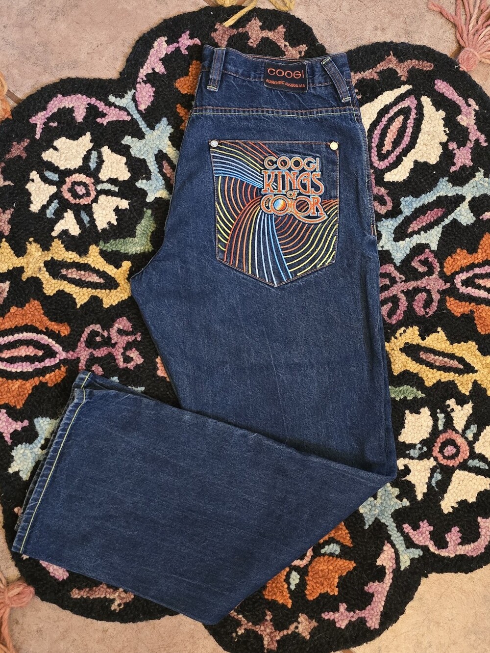 🔥🔥COOGI Dark Blue Denim Jeans with Multicolor Embroidered Pocket🔥🔥 SZ 34X34